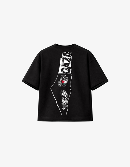 Black oversized Palestine T-shirt featuring a Palestine map outline, distressed Gaza typography, keffiyeh artwork and heart in Palestinian colours.