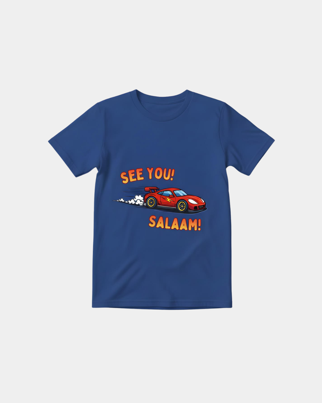 Blue Halal Vibes kids T-shirt with red racing car graphic and See You Salaam slogan
