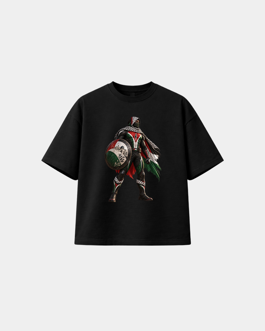 Black Halal Vibes 330gsm heavyweight boxy T-shirt featuring Captain Palestine warrior graphic with keffiyeh and Palestinian colours