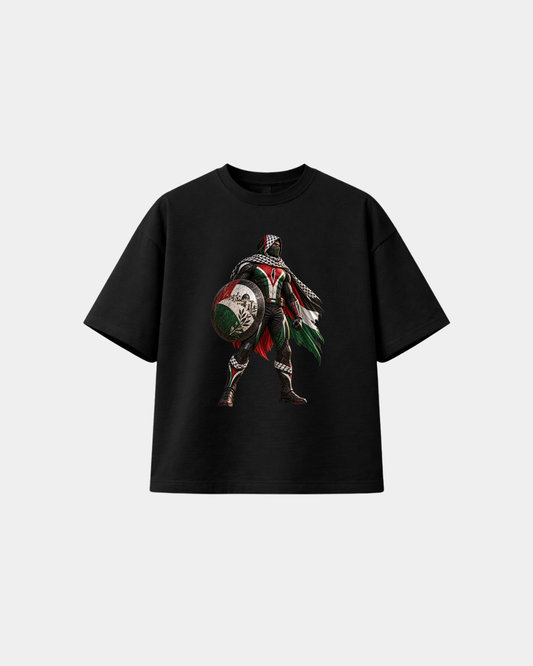 Black Halal Vibes 330gsm heavyweight boxy T-shirt featuring Captain Palestine warrior graphic with keffiyeh and Palestinian colours