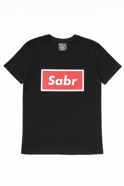 Black t-shirt with a red and white 'Sabr' logo 