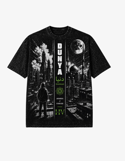 Halal Vibes Dunya oversized black acid wash Islamic T-shirt