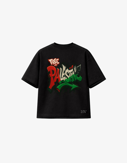 Black oversized Free Palestine T-shirt with graffiti-inspired lettering in the red, green, white and black colours of the Palestinian flag.