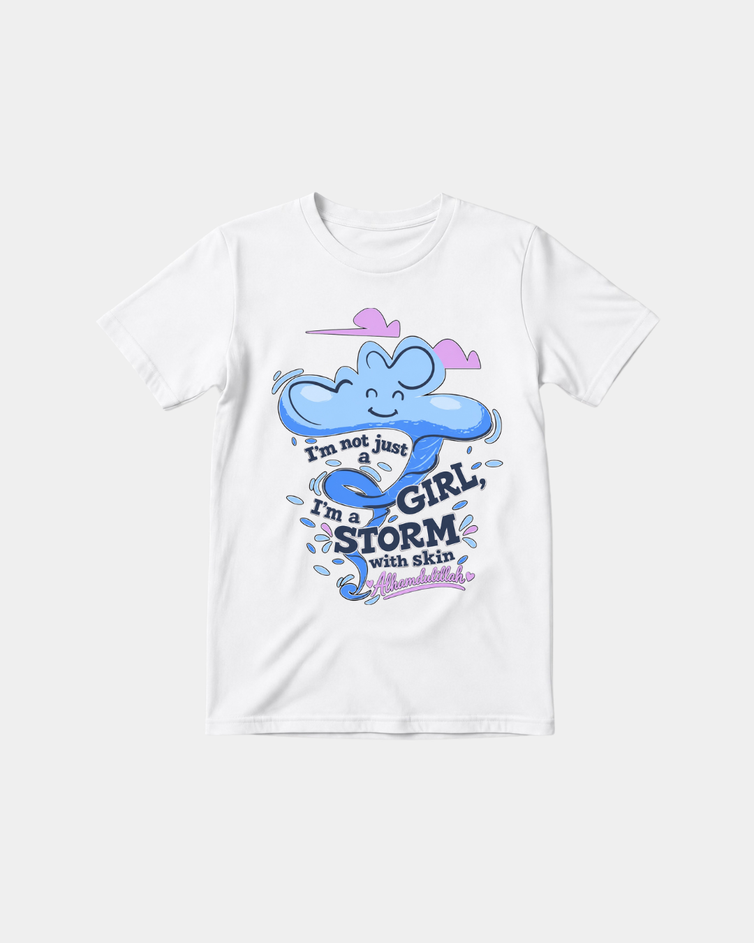 White Halal Vibes girls T-shirt with Girl Storm Alhamdulillah cloud graphic