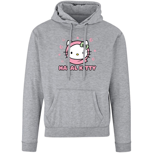 Grey Hoodie with a cat in Hijab and text that reads "Halal Kitty"