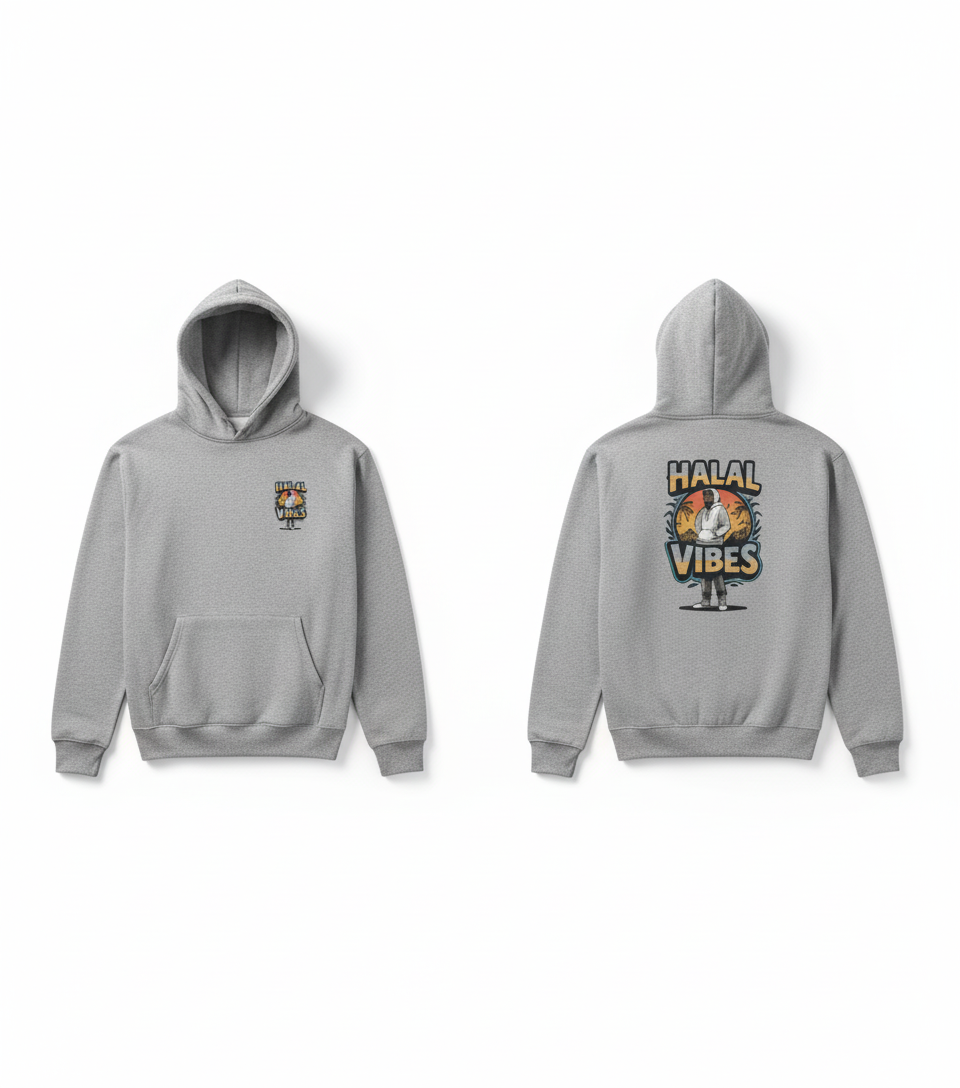 Gray hoodie with 'Halal Vibes' graphic 