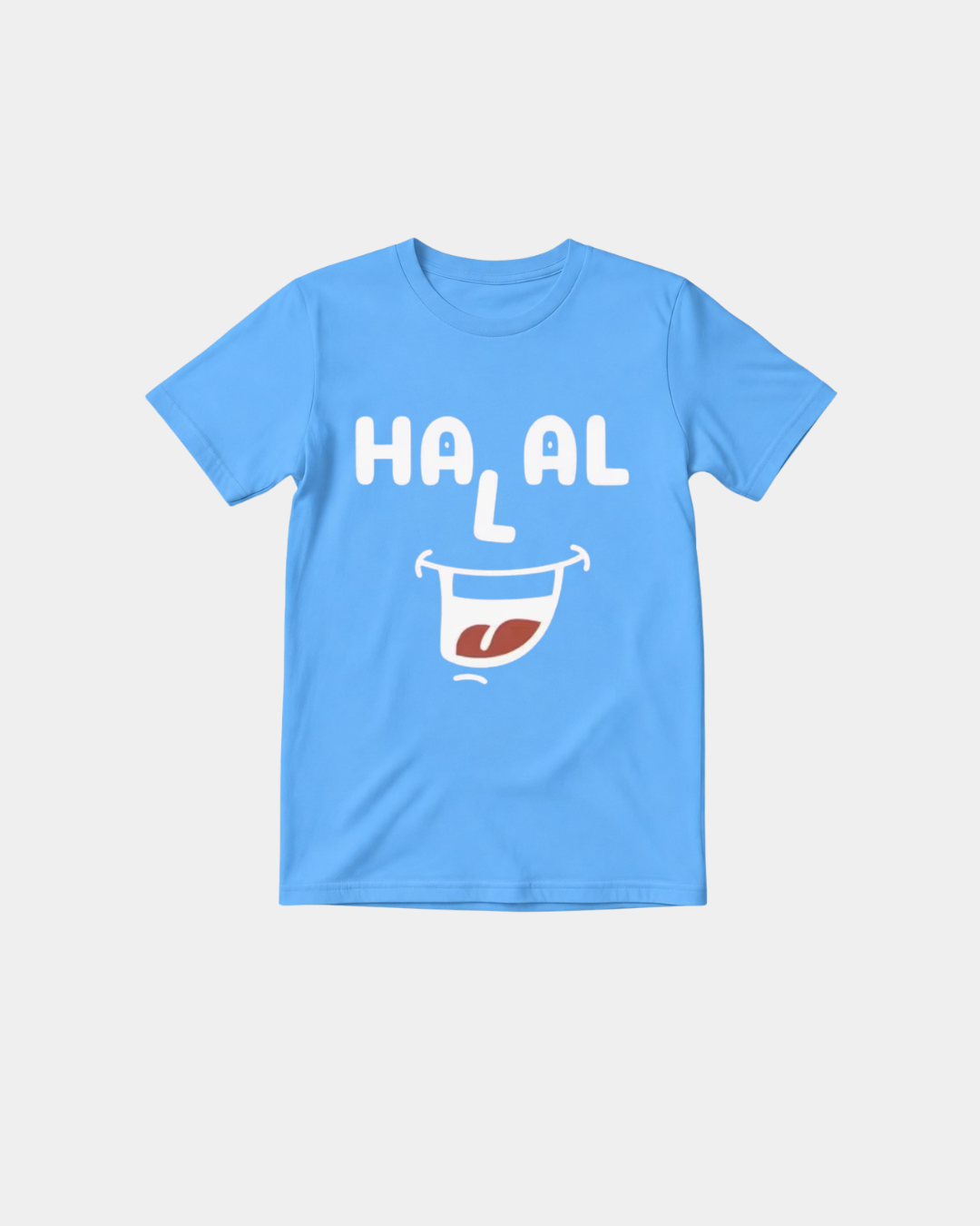 Blue Halal Vibes kids T-shirt with playful white HALAL smile graphic