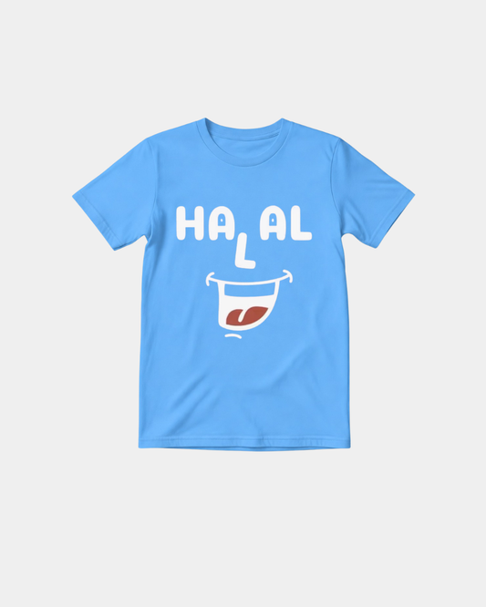 Blue Halal Vibes kids T-shirt with playful white HALAL smile graphic