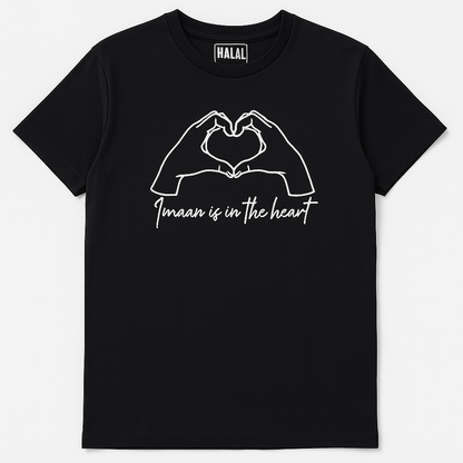 Black t-shirt with white graphic and text 'Imaan is in the heart' 
