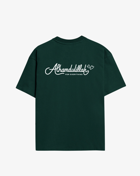 Green t-shirt with 'Alhamdulillah for everything' text on a white background