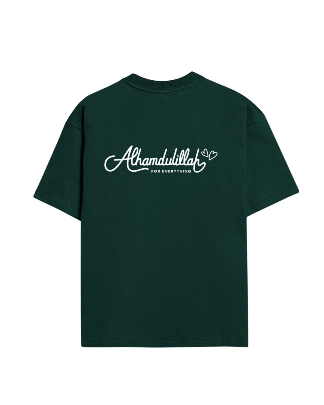 Green t-shirt with 'Alhamdulillah for everything' text on a white background