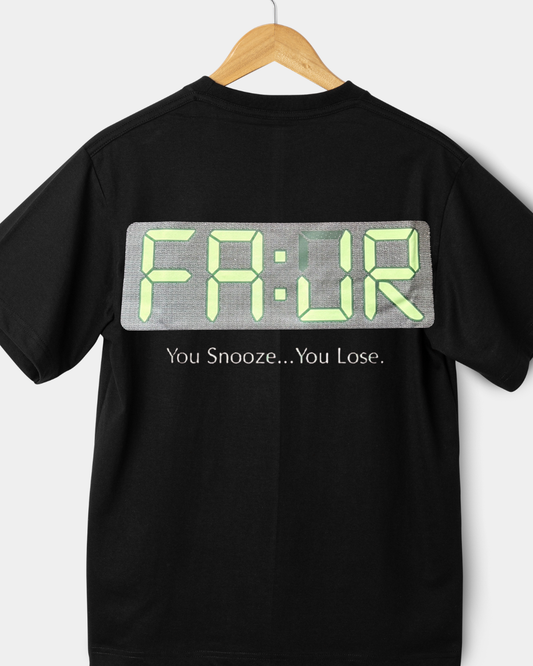 Black t-shirt with digital clock design and text on a white background