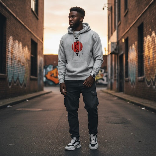 Man wearing a gray hoodie with a red logo and black pants standing in an alley with graffiti.