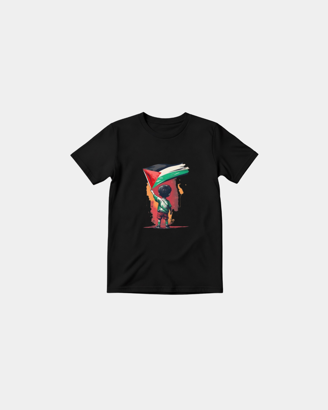 Black Halal Vibes kids T-shirt featuring illustrated child beneath a flowing Palestinian flag