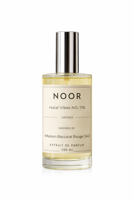 100ml bottle of NOOR (Halal Vibes NO. 178) Unisex, a premium Extrait De Parfum inspired by the radiant notes of Baccarat Rouge 540.