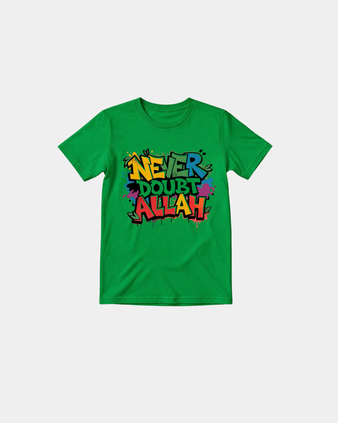 Green Halal Vibes kids T-shirt with colourful Never Doubt Allah graffiti graphic