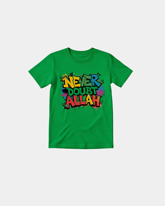 Green Halal Vibes kids T-shirt with colourful Never Doubt Allah graffiti graphic