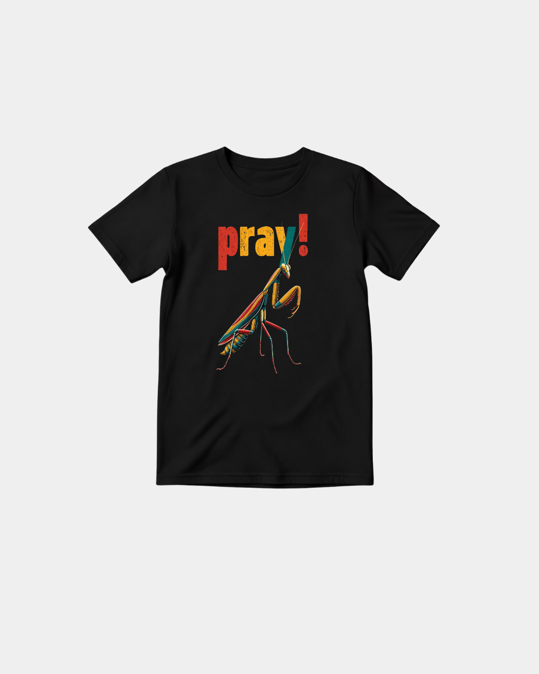 Black Halal Vibes kids T-shirt with colourful praying mantis and pray graphic
