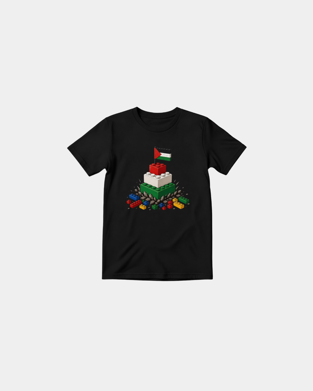 Black Halal Vibes kids T-shirt with colourful building blocks in Palestinian colours and Palestinian flag graphic