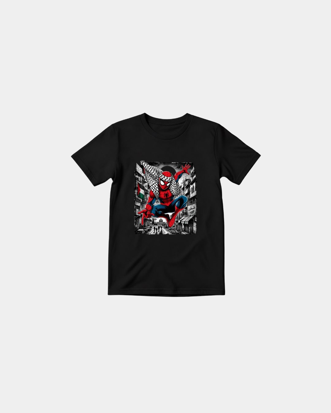 Black Halal Vibes kids T-shirt with Spider-man wearing keffiyeh-style scarf and Palestine-themed city artwork