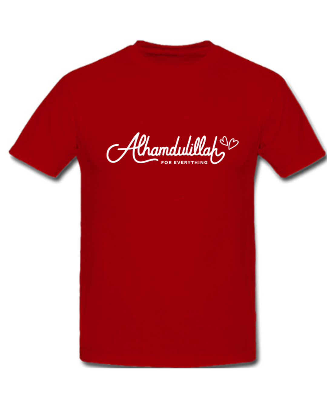 Red t-shirt with white text 'Alhamdulillah for everything' on a white background