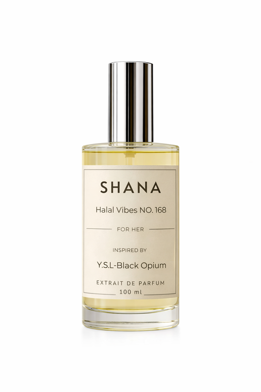 100ml bottle of SHANA (Halal Vibes NO. 168) For Her, a premium Extrait De Parfum inspired by the coffee and vanilla notes of YSL Black Opium.