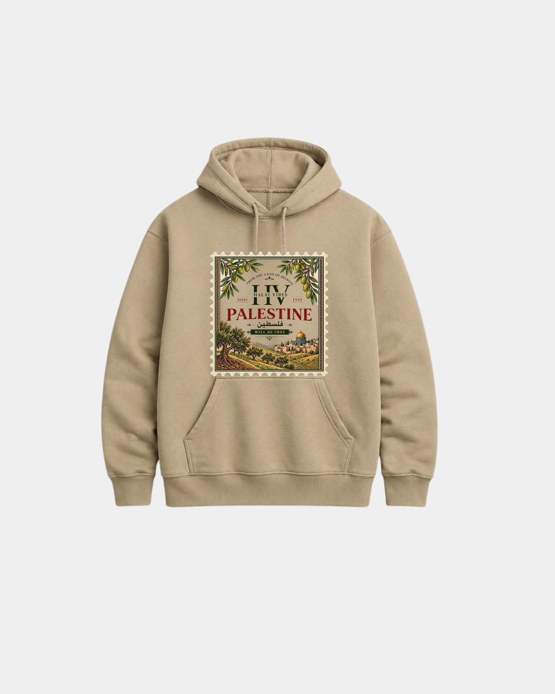 Sand-coloured Palestine hoodie featuring vintage postage stamp artwork with olive branches, Palestinian landscape, فلسطين Arabic text and Palestine Will Be Free message.