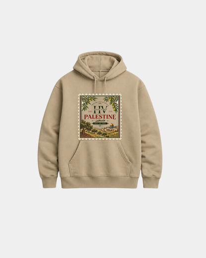 Sand-coloured Palestine hoodie featuring vintage postage stamp artwork with olive branches, Palestinian landscape, فلسطين Arabic text and Palestine Will Be Free message.