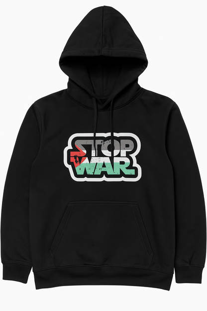 Black hoodie with 'Stop War' text design 