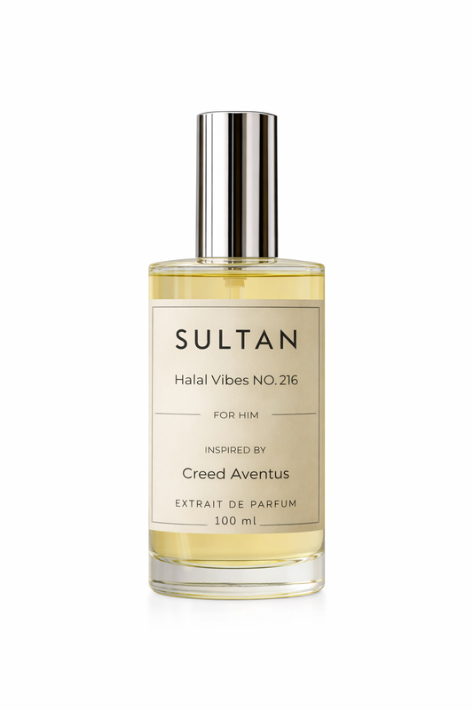 100ml bottle of SULTAN (Halal Vibes NO. 216) For Him, a luxury Extrait De Parfum inspired by the smoky pineapple notes of Creed Aventus.