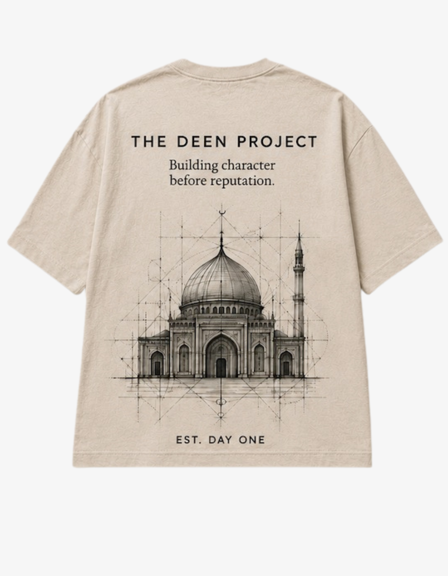 Neutral oversized Islamic T-shirt with Work in Progress text on the front and The Deen Project mosque blueprint artwork on the back.
