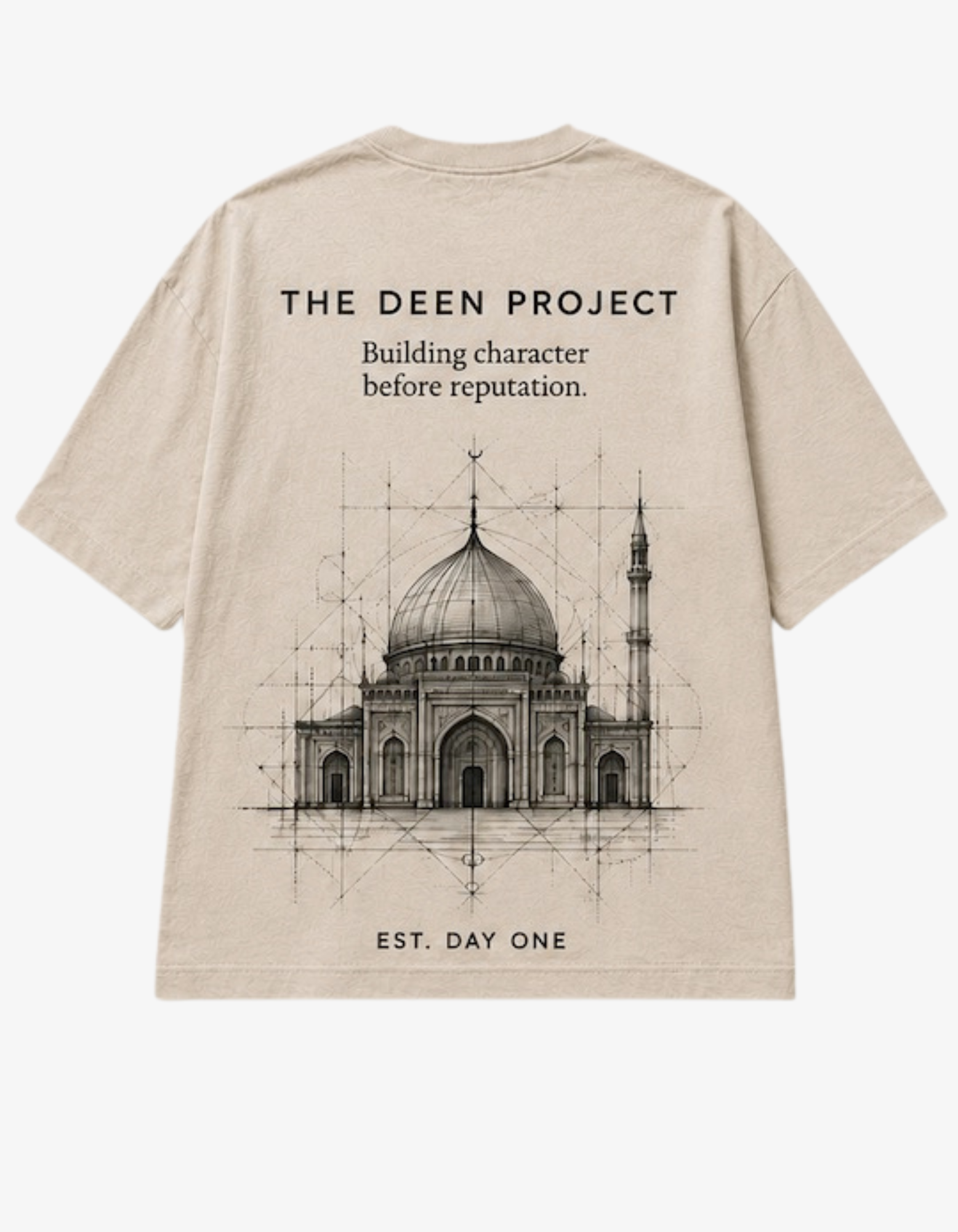 Neutral oversized Islamic T-shirt with Work in Progress text on the front and The Deen Project mosque blueprint artwork on the back.