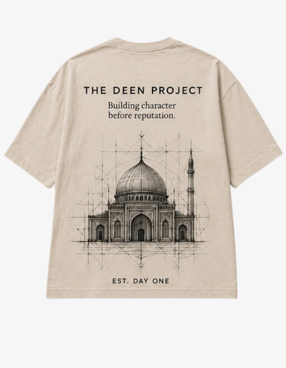 Neutral oversized Islamic T-shirt with Work in Progress text on the front and The Deen Project mosque blueprint artwork on the back.