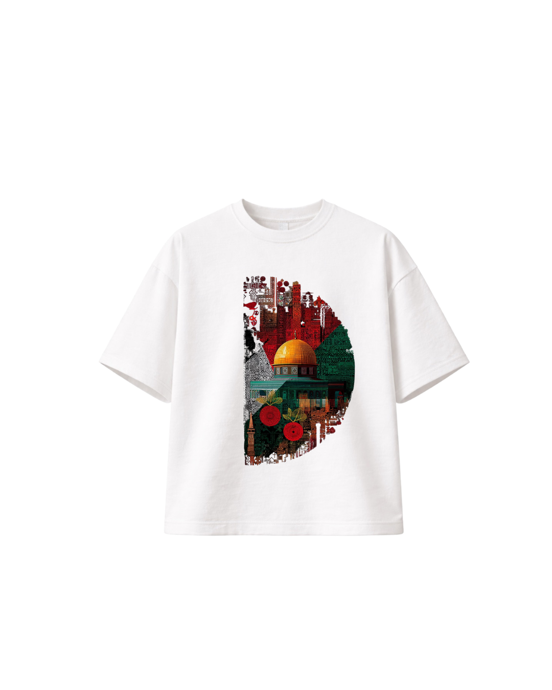 White 300gsm heavyweight boxy T-shirt featuring colourful Al-Quds-inspired Palestinian artwork centred around the Dome of the Rock.