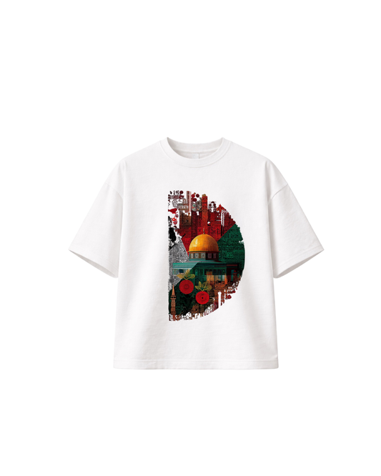 White 300gsm heavyweight boxy T-shirt featuring colourful Al-Quds-inspired Palestinian artwork centred around the Dome of the Rock.