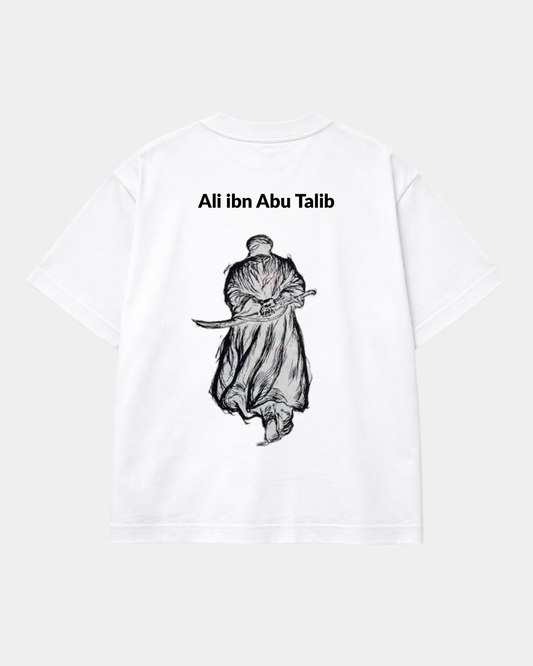 White oversized Ali ibn Abi Talib T-shirt with minimal Halal Vibes front logo and monochrome symbolic warrior illustration on the back.