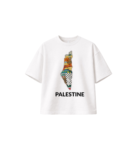 White oversized Palestine T-shirt featuring a colourful historic Palestine map filled with cultural patterns, architecture and Palestinian-inspired details.