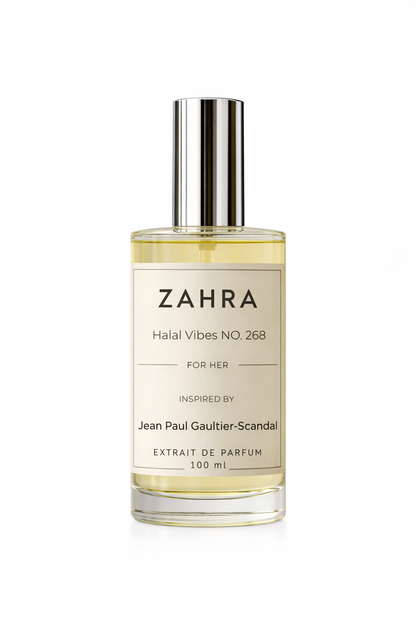 100ml bottle of ZAHRA (Halal Vibes NO. 268) For Her, a premium Extrait De Parfum inspired by the honey and floral notes of JPG Scandal.