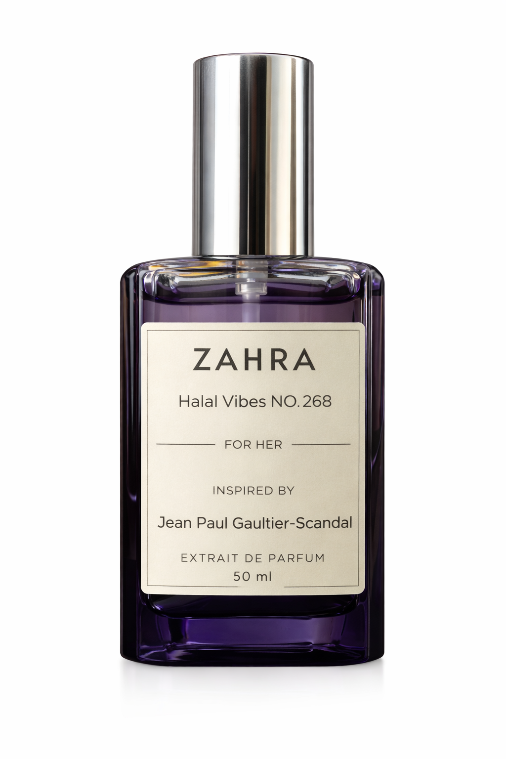 50ml bottle of ZAHRA (Halal Vibes NO. 268) For Her, a premium Extrait De Parfum inspired by the honey and floral notes of JPG Scandal.