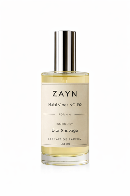 100ml bottle of ZAYN (Halal Vibes NO. 192) For Him, a premium Extrait De Parfum inspired by the fresh aromatic notes of Dior Sauvage.