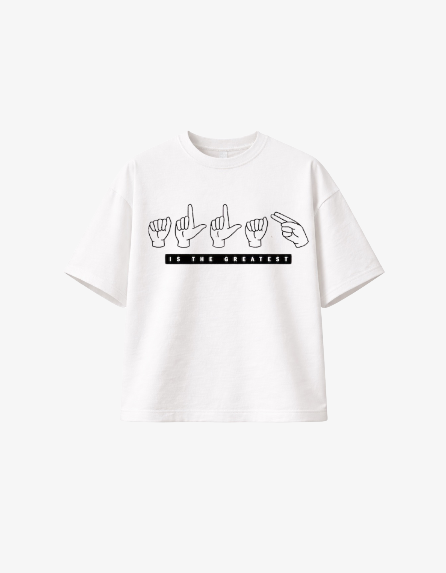 Front view of a white 300gsm heavyweight boxy fit t-shirt featuring white ASL hand signals for Allah and the text IS THE GREATEST.