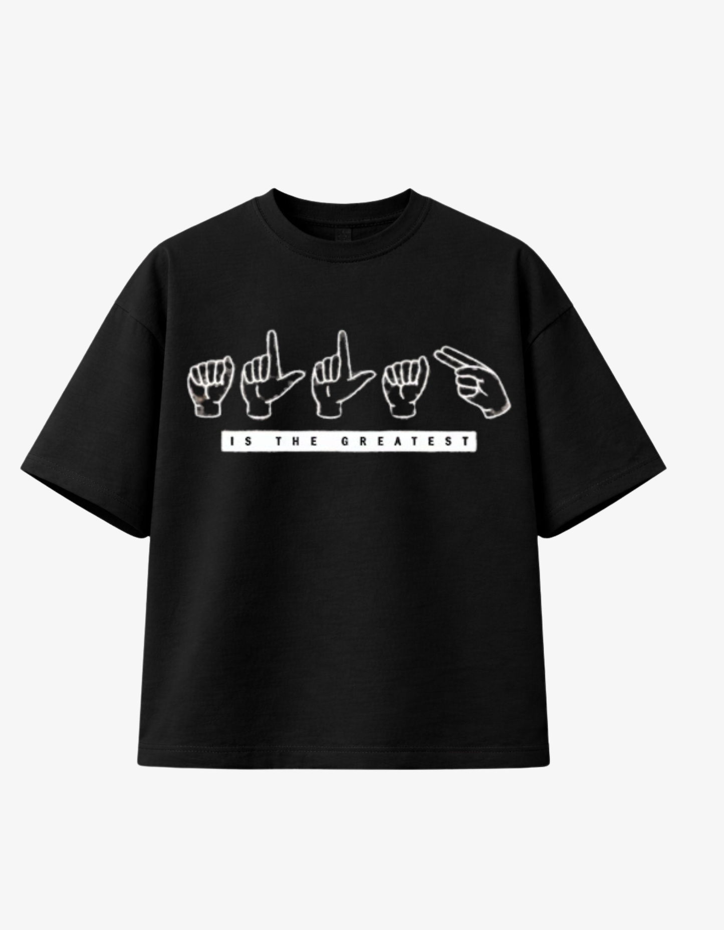 Front view of a black 300gsm heavyweight boxy fit t-shirt featuring white ASL hand signals for Allah and the text IS THE GREATEST.