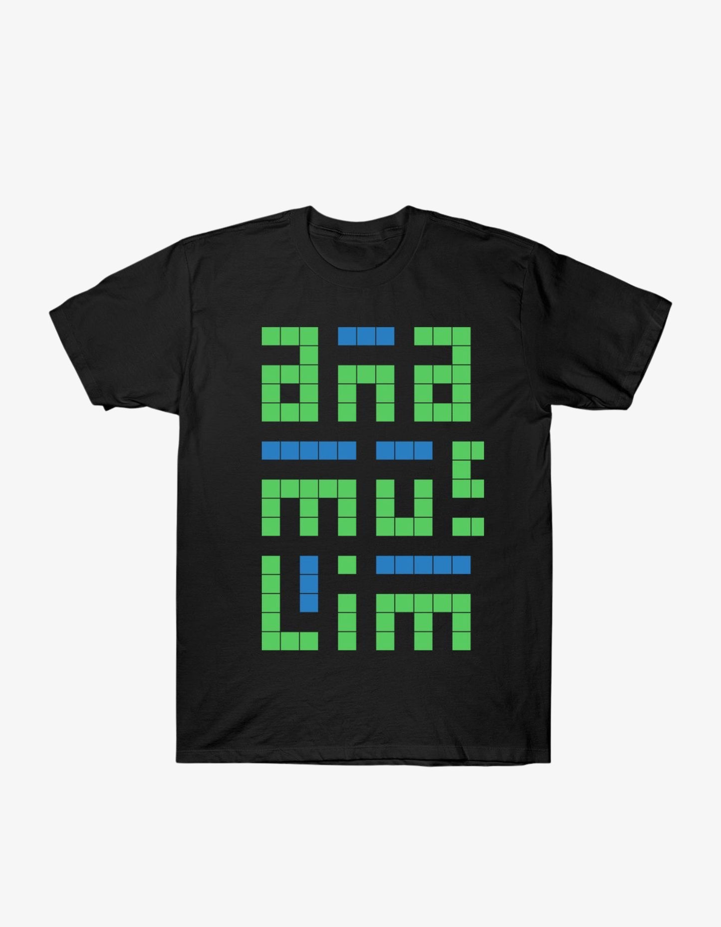 Black t-shirt with green and blue pixelated text design on a white background