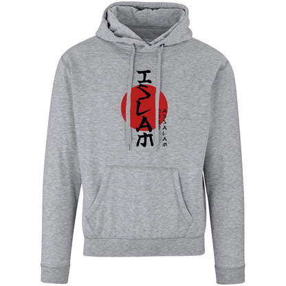 Gray hoodie with a red and black Japanese graphic 