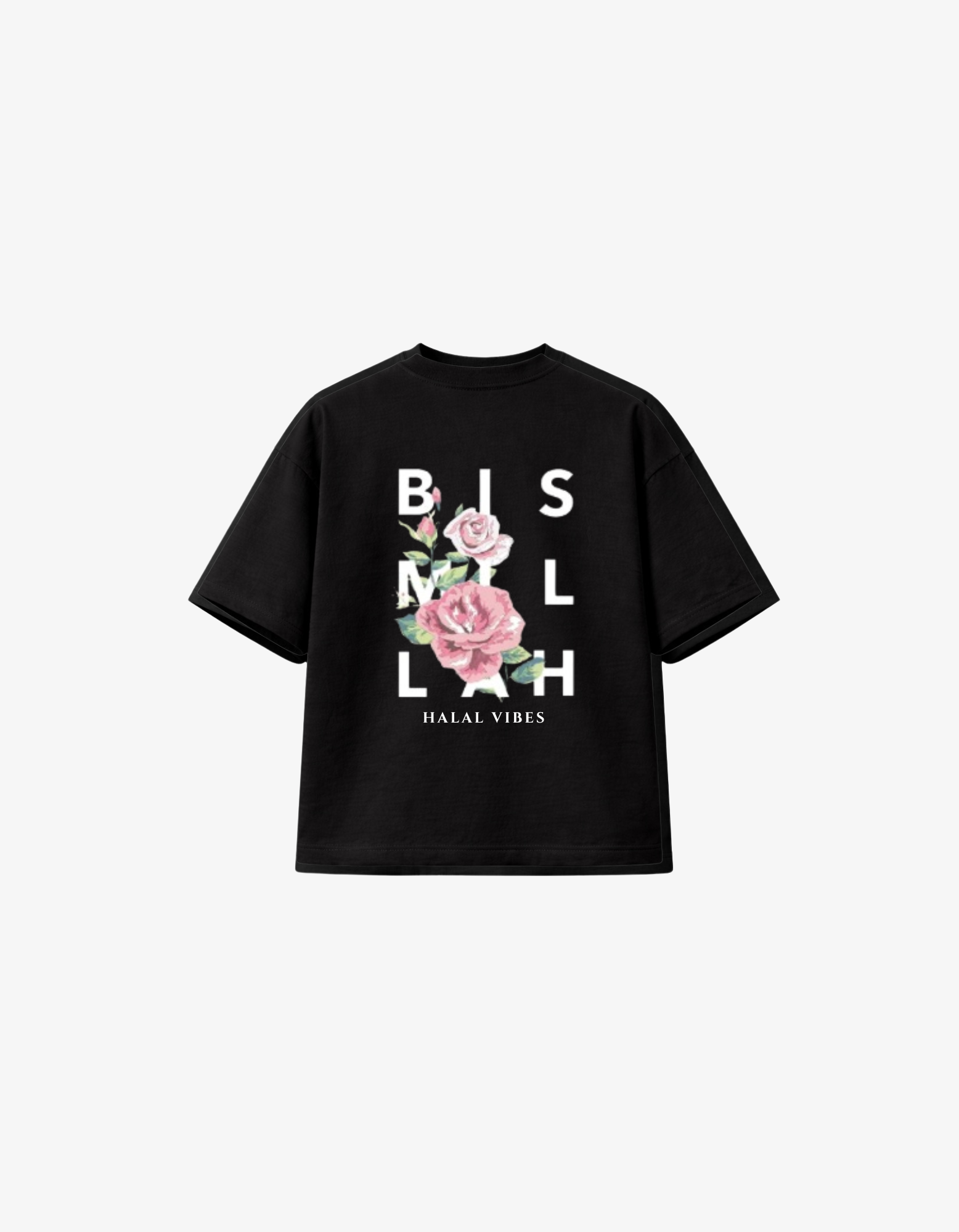 Black t-shirt with floral design and bismillah text on a white background