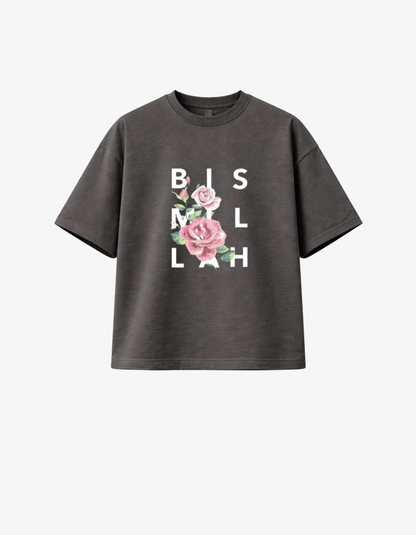 Gray t-shirt with floral design and bismillah text on a white background