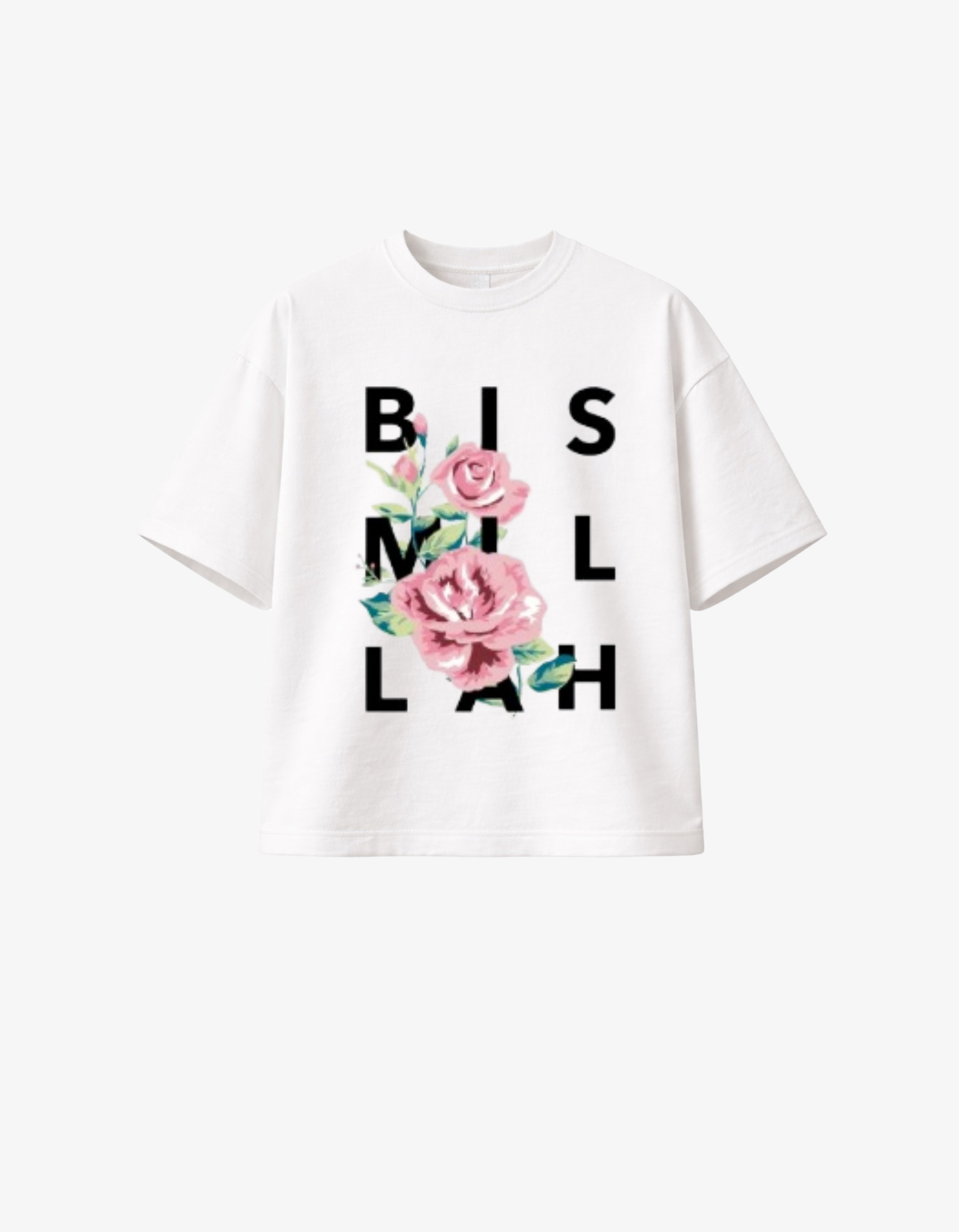 White oversized t-shirt with pink floral roses and Bismillah block typography design.