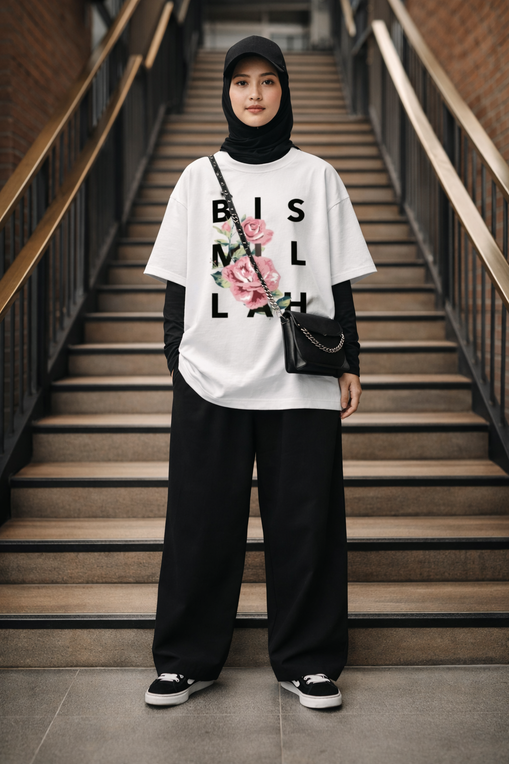 Person wearing a white t-shirt with Bismillah text and floral design, standing on a staircase