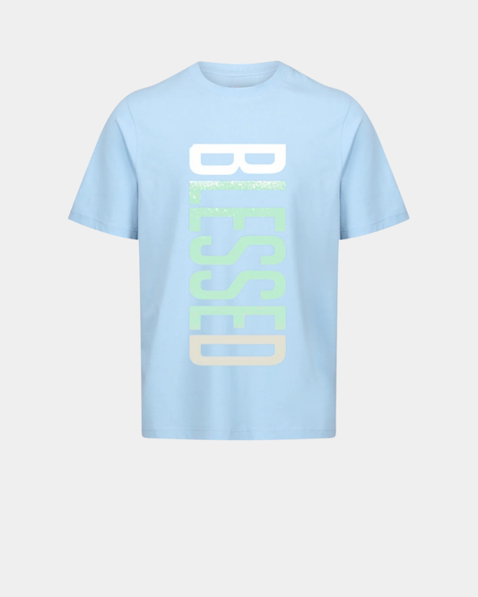 Sky blue t-shirt with a large vertical "BLESSED" graphic in a mint green gradient.