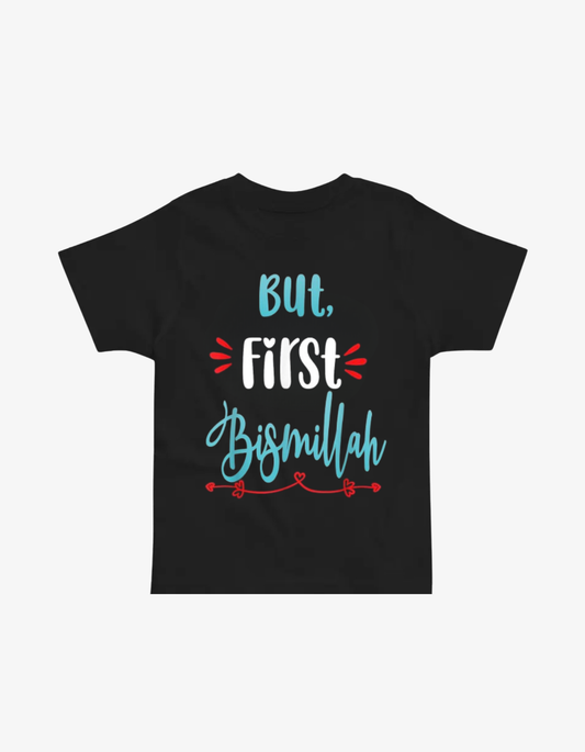 Black kids t-shirt with teal and red typography saying But First Bismillah with heart and arrow details.